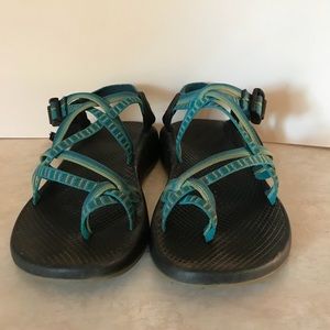 Blue and green chacos